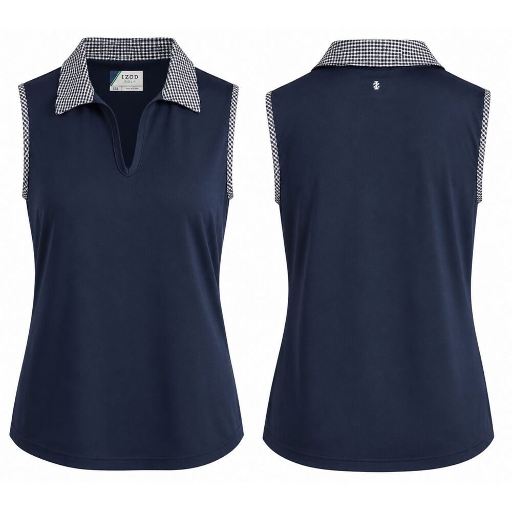 IZOD Golf Womens Sleeveless Polo Top Navy Blue Gingham Collar XXL - Picture 4 of 4